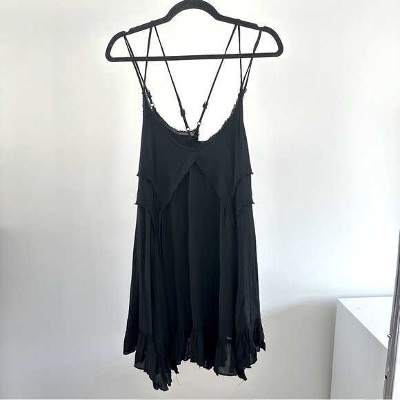 Black Flowy Layered Mini Dress Asymmetrical Hem Double Cross Back Straps Small - Picture 8 of 12